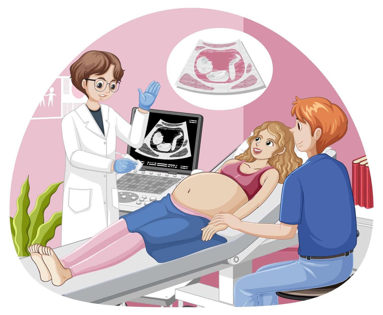 Timeline showing original LMP due date, scan date with measured gestational age, and a slightly updated due date based on the ultrasound